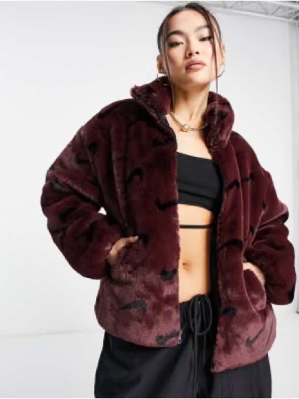 Nike Women's Burgundy Teddy Faux-Fur Jacket with Black Swoosh Accents